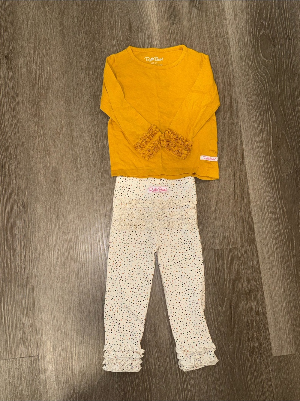 Ruffle Butts Mustard Long-Sleeve Top & Cream Polka Dot Ruffle Leggings Set
